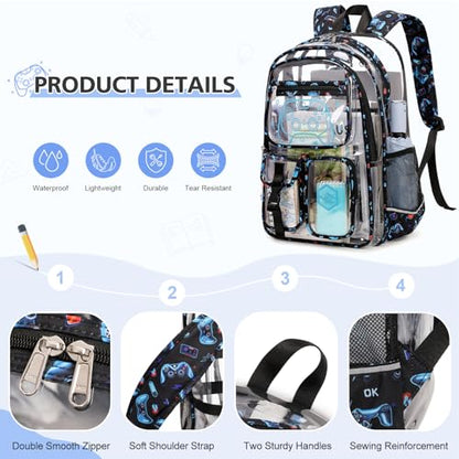 DIGOBAY 3PCS Cool Luminous Clear Backpack for Boys Kids, Gamer Clear Bookbag for School, See Through PVC Transparent Backpacks with Lunch Bag Pencil Case, Backpack Heavy Duty for School Stadium - color: Blue
