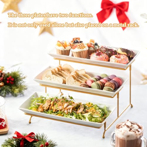 LYEOBOH 3 Tier Serving Stand and Platters Set Large Tiered Serving Platters with Collapsible Sturdier Rack 14 Inches Tiered Serving Tray for Appetizer Fruit, Dessert and Cupcake, White - color: Gold, style: 14inch Rectangle platter