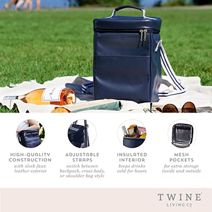 Twine Insulated Wine Tote with Adjustable Shoulder Straps and Front Pocket-Waterproof, Cooler Backpack Perfect for Picnic, Camping, Beach Trip, Hiking, Outdoor Party, Road Trips, Set of 1, Blue - style: Twine