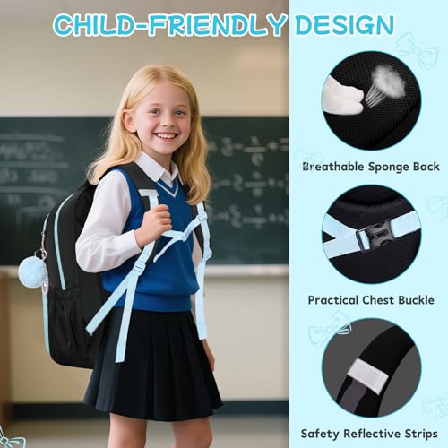 Girls Backpack, School Backpack for Girls, Cute Bow Kids Bookbag for Grils Children Teens for Elementary Middle High School Student, Back To School, Black Blue - color: Black Blue