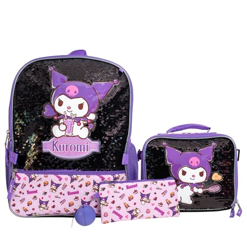 AI ACCESSORY INNOVATIONS Sanrio’s Kuromi 4 Piece Backpack Set, Hello Kitty Kawaii Flip Sequin Girls School Bag with Front Zip Pocket, 2 Side Mesh Pockets, Black & Purple - color: Kuromi