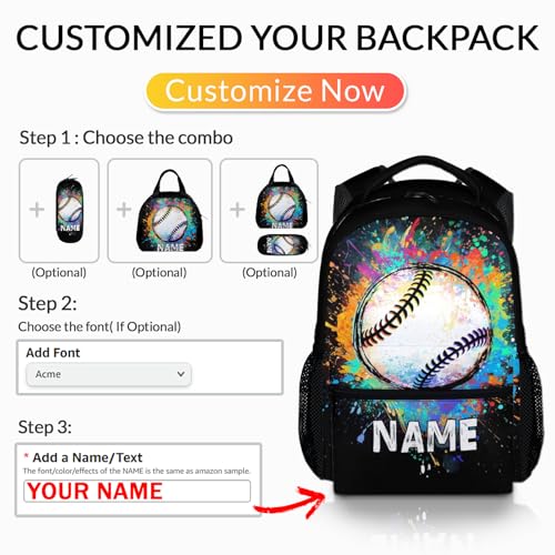 Boys School Backpack Personalized Kids Baseball Backpacks Bookbag Back to School Supplies, 17 Inches Custom Name Cool Sport Back Pack for Travel Camping Casual (Black) - color: Color 4-1