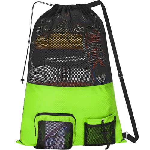 NATURAL STYLE Mesh Drawstring Gym Swim Beach bag, Large Waterproof Pool Sports Backpack for Swimming Gear Workout Yoga Travel - color: Green