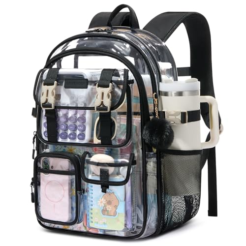 LOVEVOOK Clear School Backpack for Teen Girls,Student Backpack for 8-16 Teenage,Cute Kid Bookbag with Large Cup Holder,Back to School Backpack Fit 15.6 Inch Laptop,College Travel Bag for Daughter Gift - color: Black-clear, size: 15.6 inch-clear