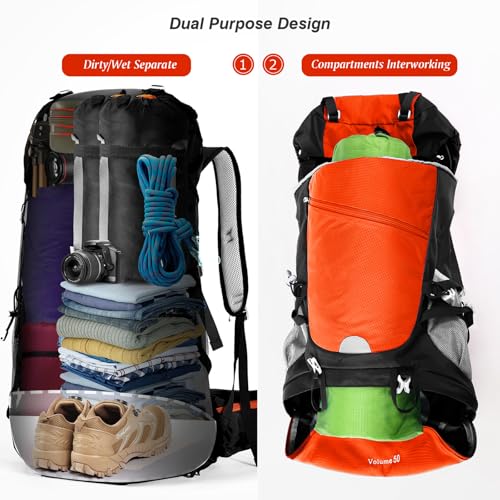 HOMIEE 50L Hiking Backpack Travel Bag Waterproof Camping Rucksack with Rain Cover Lightweight Backpacking Backpack - color: Orange