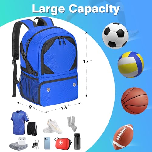 Soccer Backpack with Seperate Compartment, Water Resistant Sport Bags fit for Basketball, Volleyball, Football - color: Blue
