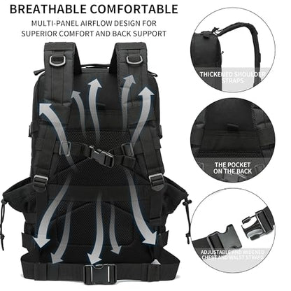 Military Tactical Backpack 45L/25L 3 Day Assault Pack Molle Daypack Hiking Backpack for Men and Women - color: Black-2, size: 45L