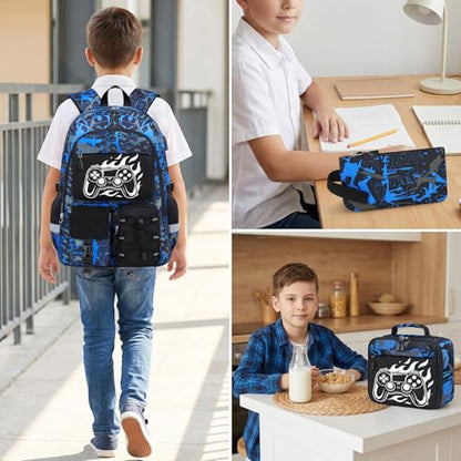 School Backpack for Boys - 4pcs Gamer Boys Backpack with Lunch Box Set for Kids Teens Elementary Middle High School,18″ Large Capacity Students Bookbag with Usb Charging Port & Key-chain - color: Game003-set