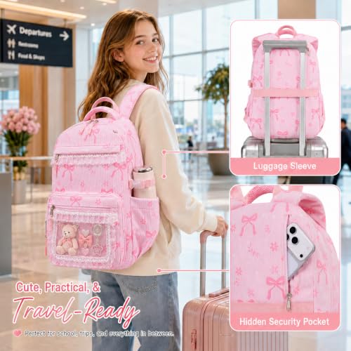 LEDAOU School Backpack for Teen Girls Elementary Middle School Bookbag Kids Backpacks Women Laptop Backpack Travel Daypack (Lace Clear Pocket - Bow Pink) - color: Lace Clear Pocket - Bow Pink