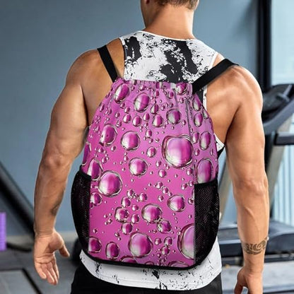 Drawstring Gym Backpack with Shoe Compartment And Wet Pocket, 28L Lightweight Waterproof Peach Water Droplets Sports Backpack for Workout Swim Beach Travel String Bag for Men Women