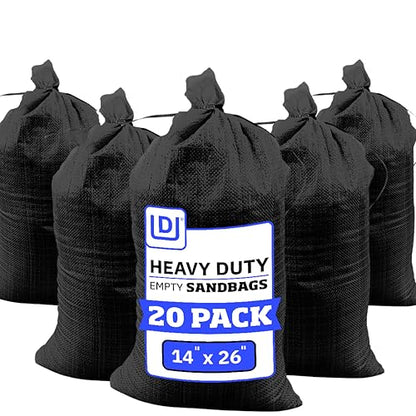 DURASACK Heavy Duty Sand Bags with Tie Strings Empty Woven Polypropylene Sand-Bags for Flood Control with 1600 Hours of UV Protection, 50 lbs Capacity, 14x26 inches, Black, Pack of 20 - color: Black, size: 20 Sandbags