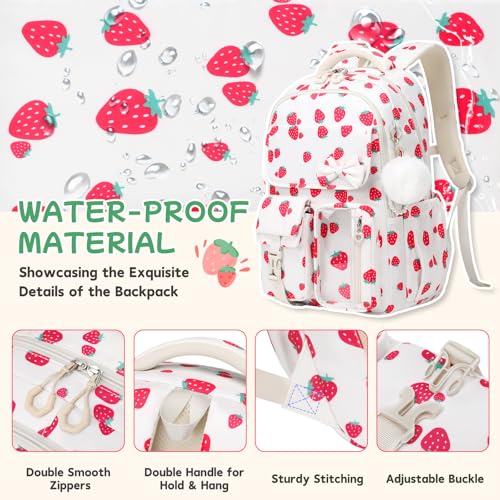 Girls Backpack, School Backpack for Girls, Cute Bow Kids Bookbag for Grils Children Teens for Elementary Middle High School Student, Back To School, White Strawberry - color: White Strawberry