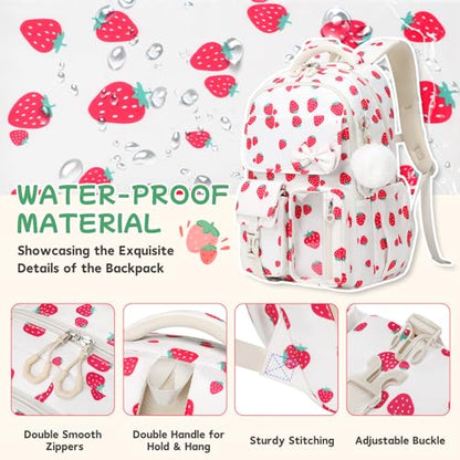 Girls Backpack, School Backpack for Girls, Cute Bow Kids Bookbag for Grils Children Teens for Elementary Middle High School Student, Back To School, White Strawberry - color: White Strawberry