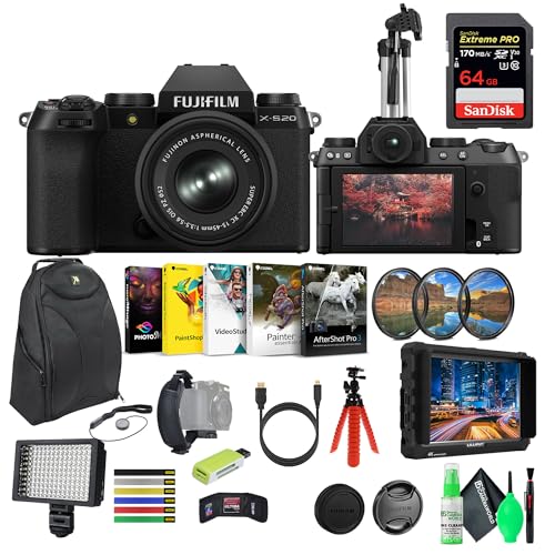 FUJIFILM X-S20 Mirrorless Camera with 15-45mm Lens + 64GB Memory Card + 4K Monitor + LED Light + Corel Photo & Video Editing Software + Backpack Bag + Tripod, Ideal Vlogging Camera Kit (16pc Bundle)