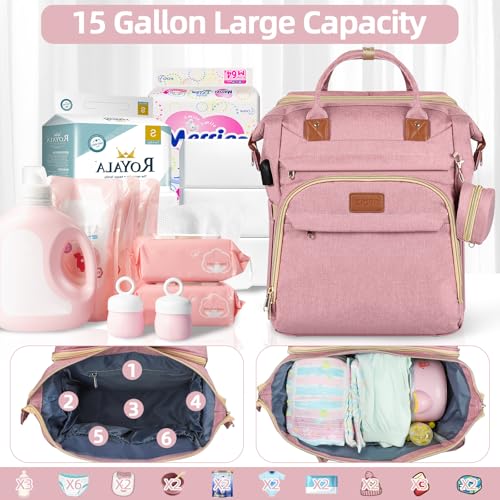 ZRSUN Diaper Bag Backpack with Portable Station & USB Port, Large Capacity Travel Baby Bag with Changing Pad, Waterproof Multi-Function Maternity Backpack for Mom & Dad (Pink) - color: Pink