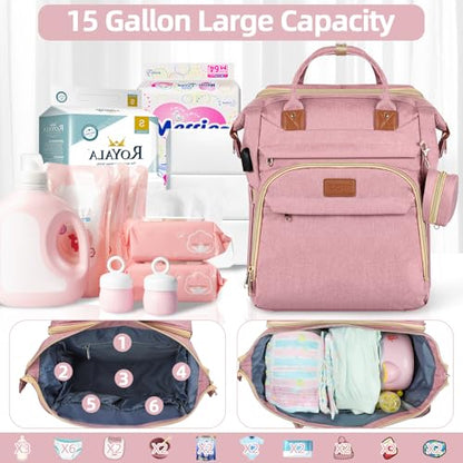 ZRSUN Diaper Bag Backpack with Portable Station & USB Port, Large Capacity Travel Baby Bag with Changing Pad, Waterproof Multi-Function Maternity Backpack for Mom & Dad (Pink) - color: Pink