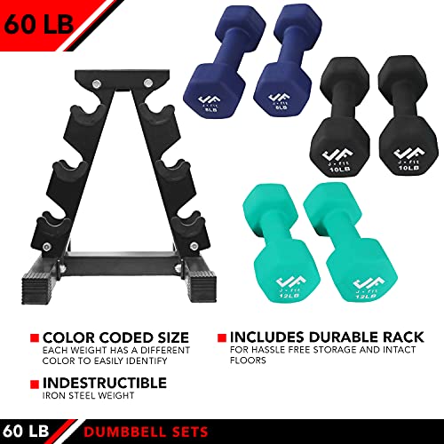 JFIT Dumbbell Pairs or Sets – Neoprene & Vinyl Coated Hand Weights for Home Gym, Strength Training, Aerobics, Cardio Exercise and Fitness - size: 60 lbs (Set), style: Dumbbell Set with Rack