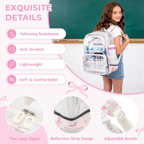Sisipoet Clear Backpack for Girls with Bow Print, Heavy Duty Transparent Bookbag for School, Stadium, and Concert, Beige - color: White/Bow