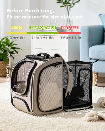 Pecute Cat Backpack Carrier Expandable, Large Space Cat Bubble Backpack, Breathable Cat Carrier, Shaded Dog Backpack Carrier for Travel, Hiking, Vet,12.6" L x 10.2" W x 16.5" H, Khaki - color: Khaki(Expandable)