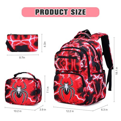 Bevalsa Backpack for Boys, Lightning School Bags with Lunch Bag & Pen Case for Kids, Bookbag for Boys Teens Elementary Middle High School - color: Red Spider