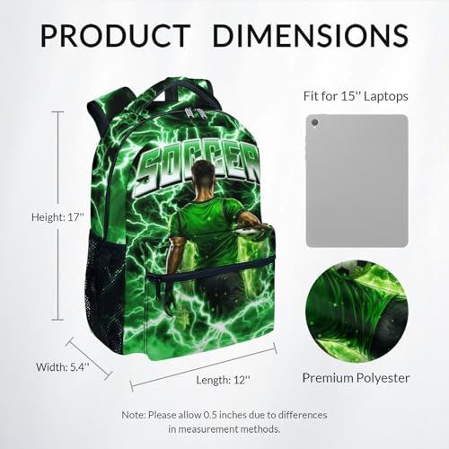 UNIKITTY Soccer Backpack for Boys Kids School Bag 17 Inch Child Bookbag for Elementary Middle School Students, Sports-Themed Polyester Back Pack with Side Mesh Pockets - color: Green