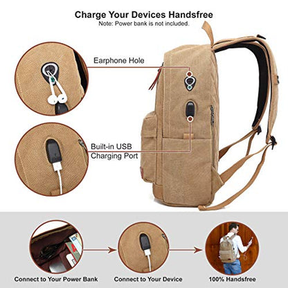 Canvas Laptop Backpack, Waterproof School Backpack With USB Charging College - color: Brown