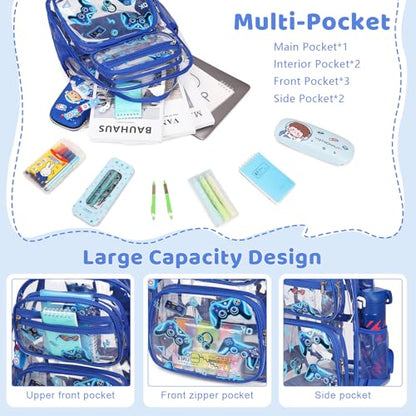 ACESAK Clear Backpack for Boys - 3 Pcs Game Heavy Duty with Lunch Bag - See Through Backpack Clear Bookbag Stadium Approved for Kids Middle High College School Travel (Blue Game Console) - color: Blue Game Console