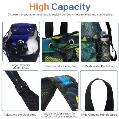 RHCPFOVR Mesh Swim Bags for Swimmers - Drawstring Backpack for Women Men Swim Team Gear Beach Gym Bag Sports - color: Green Geometric Patterns, style: Green Geometric Patterns
