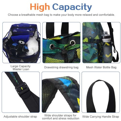 RHCPFOVR Mesh Swim Bags for Swimmers - Drawstring Backpack for Women Men Swim Team Gear Beach Gym Bag Sports - color: Green Geometric Patterns, style: Green Geometric Patterns