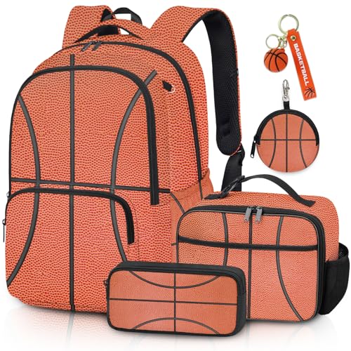 Basketball Backpack Set for Boys, Kids Basketball Backpack for School with Lunch Box and Pencil Case Coin Purse, School Bookbag for Boys - color: Basketball
