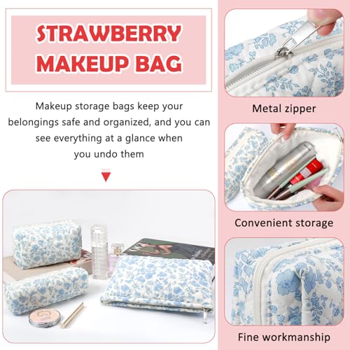 3 Pcs Makeup Bag Cosmetic Bag Set for Girls Women Checkered Travel Organizer Bathroom Toiletry Pouch Large Capacity Storage Bag(Blue Flower) - color: Blue Flower