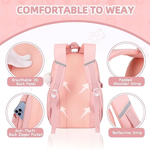 Girls Backpack, 3pcs Sets Kids Backpack for Girls with Anti-theft Back Pocket, Lightweight School Back pack Water Resistant Lunch Bag with Pencil case for Elementary Primary School, Pink - color: Pink 3pcs