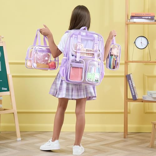 Fimibuke Clear Backpack for Girls - 3 PCS Heavy Duty Kids Boys Clear Bags Schoolbag Large Transparent PVC Bookbag with Lunch Box Pencil Case Set for Travel School Concert Stadium Events Backpacks - color: black