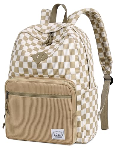 VASCHY Corduroy Backpack for Girls, Lightweight School Bag for Elementary, Middle & High School, Teen Bookbag, Women’s Casual Travel Daypack Khaki Plaid - color: Khaki White Plaid