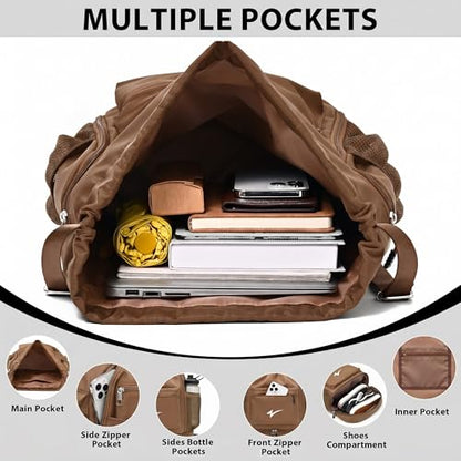 Sport Drawstring Backpack, Gym Bag with Mesh Side Pockets and Separate Shoe Compartment, Water-Resistant (Khaki) - color: Khaki