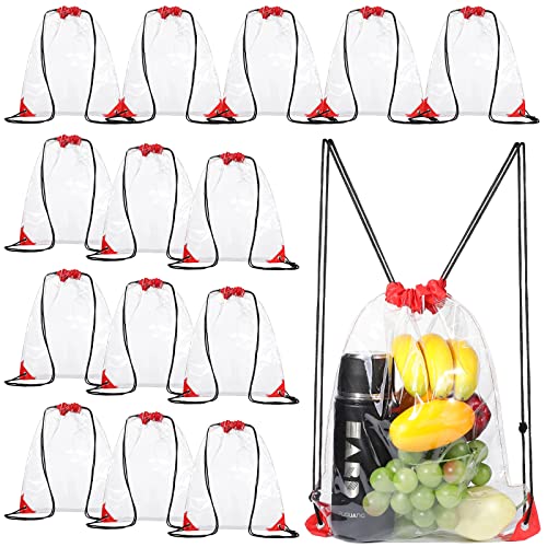 Riakrum 15 Pcs Clear Drawstring Bag Waterproof Small See Through PVC Drawstring Backpack for Stadium College Sport Event(Wine Red) - color: Wine Red