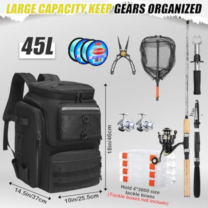 HAMBOLY Fishing Backpack 45L with Rod Holders, Water-Resistant Tackle Backpack for Fishermen, Large Capacity Fishing Gear Bag for Travel Hiking Camping - color: Black