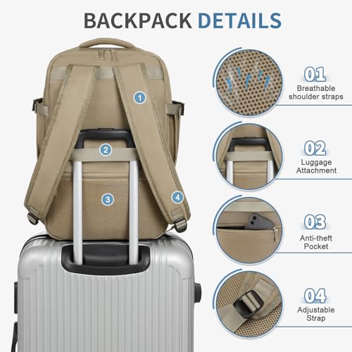 Travel Backpack for Men Women, 35L Laptop Backpack W/Shoe Compartment, Water Resistant Flight Approved Fits 15.6-inch Laptop, Khaki - color: Khaki