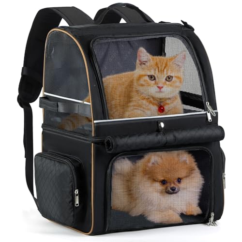 Double Cat Backpack Carrier for 2 Cats, Double-Compartment Pet Carrier Backpack for Two Small Cat or One Medium Cat, Cats Carrier Backpack Dog Carrier Backpack Fits Up to 24 Lbs,Black - color: Black