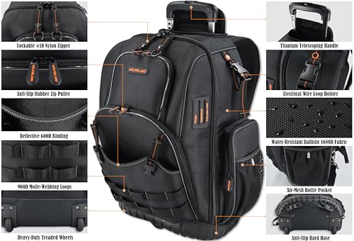 WELKINLAND 72Pockets Rolling Tool backpack, Large tool bag with wheels, Rolling Electrician bag with wheels for men