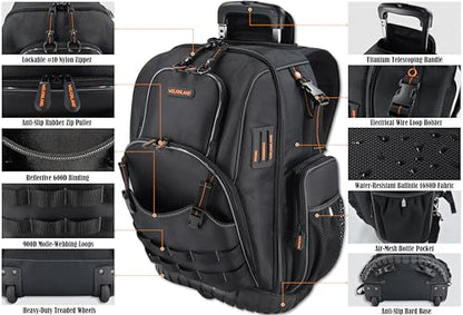 WELKINLAND 72Pockets Rolling Tool backpack, Large tool bag with wheels, Rolling Electrician bag with wheels for men
