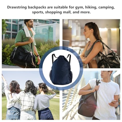 Wakauto Waterproof Drawstring Backpack Large Gym Bag with Dry-wet Separation and Mesh Water Bottle Pocket, Sports Storage String Bag for Swimming and Fitness, Navy Blue
