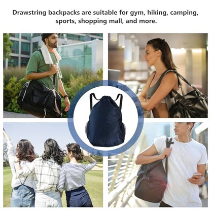 Wakauto Waterproof Drawstring Backpack Large Gym Bag with Dry-wet Separation and Mesh Water Bottle Pocket, Sports Storage String Bag for Swimming and Fitness, Navy Blue