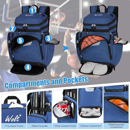 WOLT Basketball Backpack, Basketball Bag for Men with Shoes Compartment, Sports Backpack for Baseball, Soccer, Football - color: DarkBlue