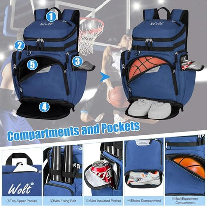 WOLT Basketball Backpack, Basketball Bag for Men with Shoes Compartment, Sports Backpack for Baseball, Soccer, Football - color: DarkBlue