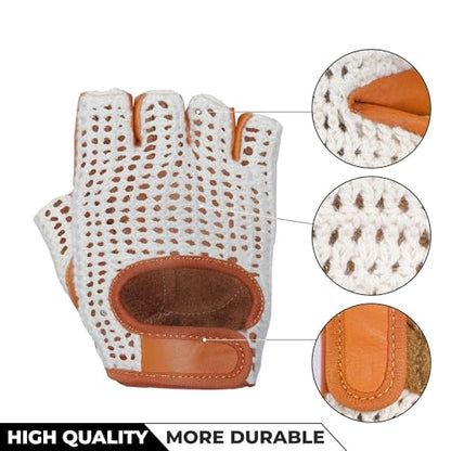 Real Soft Leather Crochet Net Fingerless Driving Weight Training Cycling Wheelchair Gloves W-1037 - color: Tan/White 049, size: XX-Large