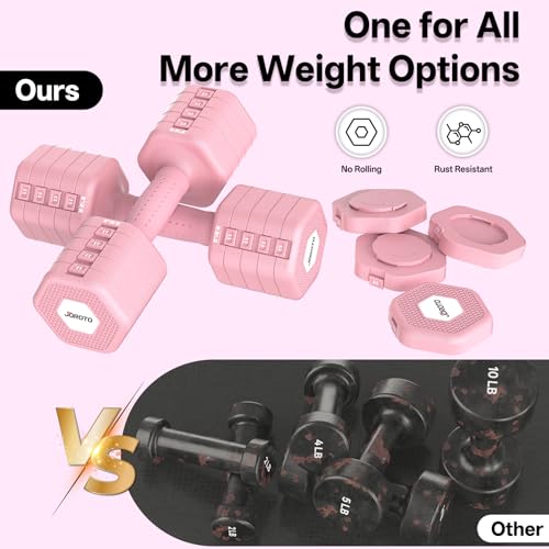 JOROTO 4-in-1 Adjustable Dumbbell Set of 2, 16LBS/22LBS Hand Weights for Women, Men, Upgraded TPE Soft Handle, 1s-Adjust Dual-Stable Dumbbell Set for Women Home Gym Exercise Training - color: B-Pink-22 LBS Pair