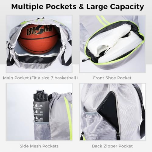 Soccer Sports Backpack with Separate Shoe Compartment & Waterproof Wet-Dry Storage, 20L Drawstring Gym Bag for Boys and Girls, Gray