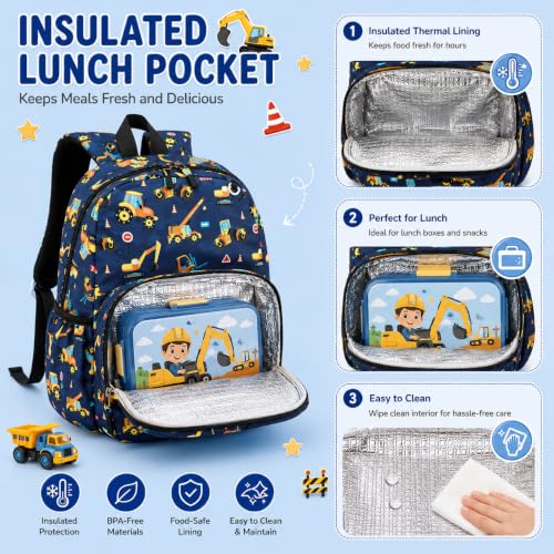BTOOP Kids Backpack for Boys 3-6, Preschool Kindergarten Backpack with Insulated Lunch Compartment & Chest Strap (Truck Blue, Age 3-6 (14.5" H Fit Folder)) - color: Truck Blue, size: Age 3-6 (14.5" H Fit Folder)