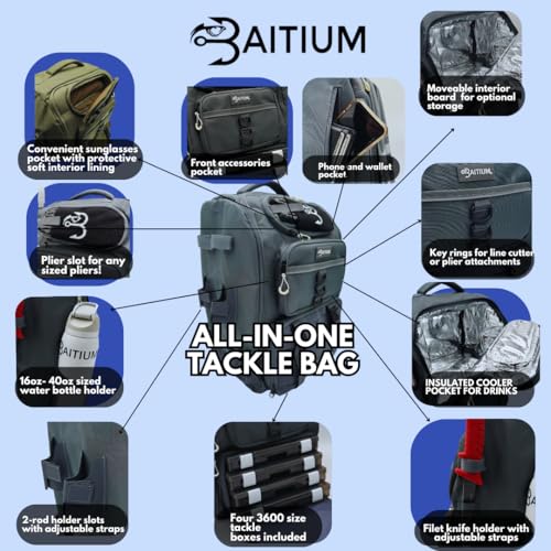 Baitium Fishing Backpack, Tackle Bag With Rod Holders, 40L Capacity With Cooler, Rain Cover, Insulated Pocket, 4 Tackle Trays Included - (Grey) - color: Grey
